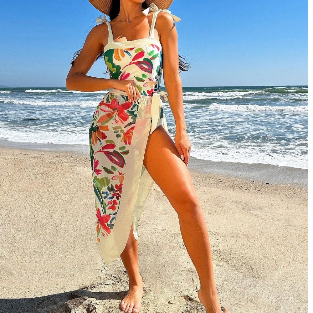 Boho Floral Tropical Print Shoulder Tie Monokini One Piece Sarong Swimsuit Set